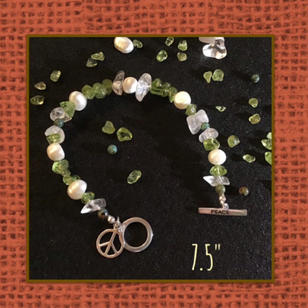 Genuine Peridot-Freshwater Pearls-Quartz-Turquoise & Sterling Silver Bracelet